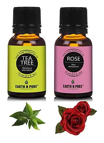 Image of Earth N Pure Tea Tree & Rose Essential Oils | Pack of 2 (15 ml each) | 100% Pure, Undiluted, Natural and Therapeutic Grade - Perfect for Aromatherapy, Skin Therapy & More