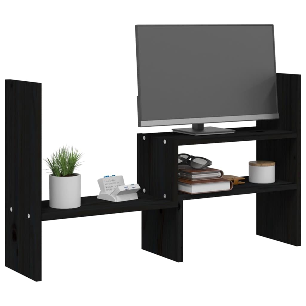 Support d'écran noir en pin massif réglable 39-72 x 17 x 43 cm avec espace de rangement pour clavier et support pour ordinateur portable, idéal pour le bureau, le bureau à domicile, les jeux