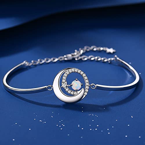 Fancime White Opal Bracelets October Birthstone 925 Sterling Silver Moon And Star Bangle Charm Bracelet Fine Jewelry Birthday Christmas Gift For Women Girls Her Mom, Adjustable Chain 6.7"+1.2" #TOP2