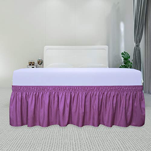 PureFit Wrap Around Ruffled Bed Skirt with Adjustable Elastic Belt - 14 Inch Drop Easy to Put On, Wrinkle Free Bedskirt Dust Ruffles, Bed Frame Cover for Queen, King and C-King Size Beds, Purple