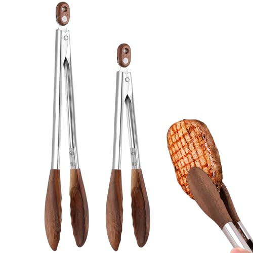 Wooden Tongs for Cooking & Serving Food, Stainless Steel Salad Tongs with Walnut Wood Tip,