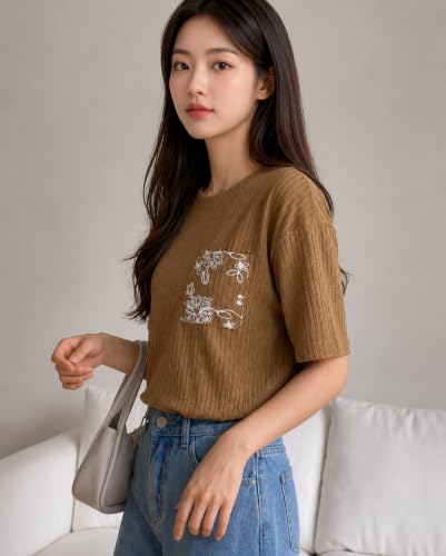Image of TAGAS Women's Textured Knit Top with Embroidered |Short Sleeve Casual Wear Top for Women | Round Neck Elegant