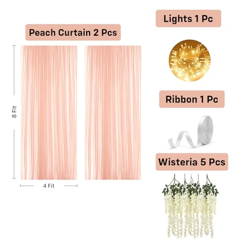 Image of Party Propz Peach Net Curtain for Decoration Backdrop with Artificial Ivory Wisteria Flower and Light - 9 Pcs Backdrop Decoration for Wedding, Birthday Backdrops, Background Decorations Items