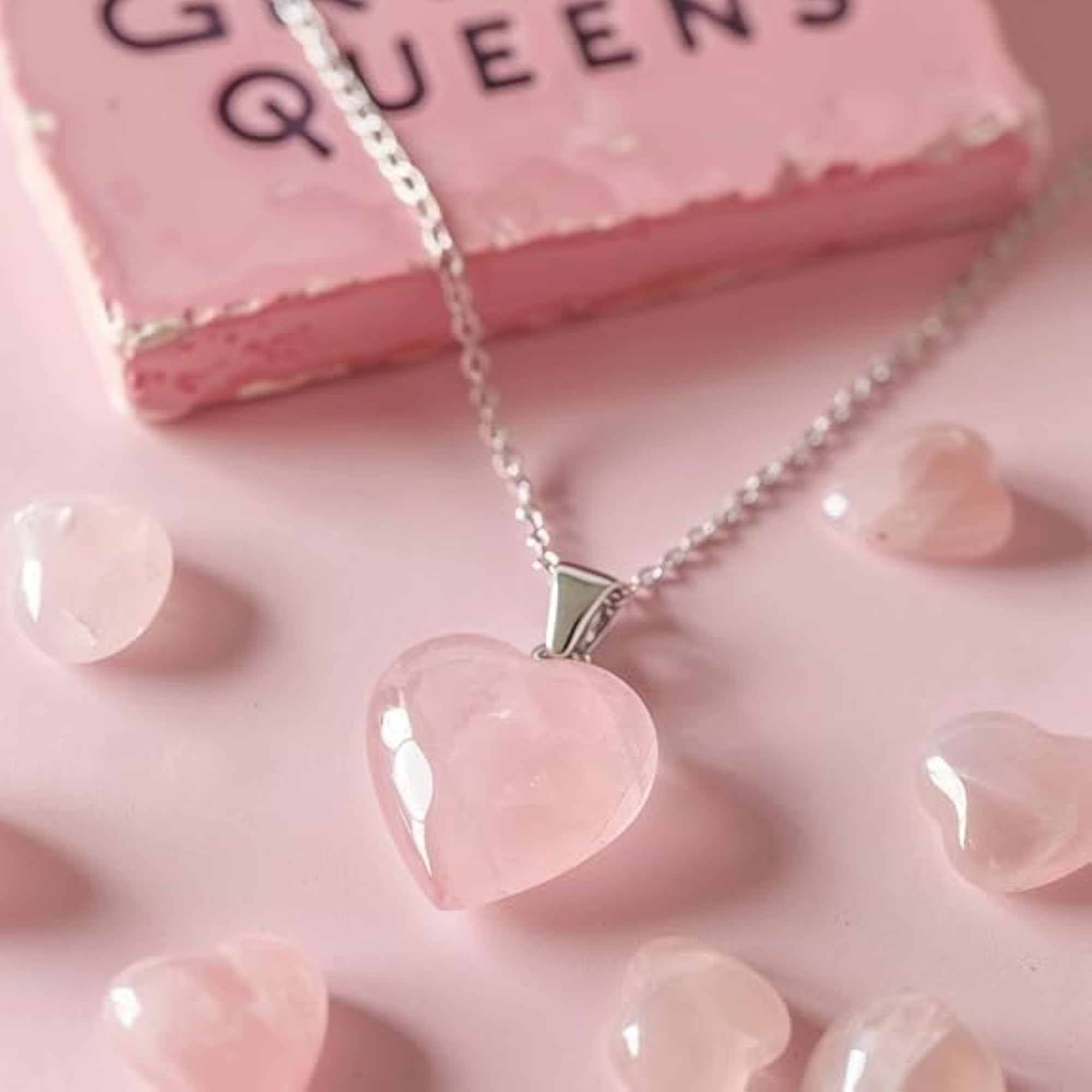 Natural Rose Quartz Heart Crystal Pendant, 2 PC Set