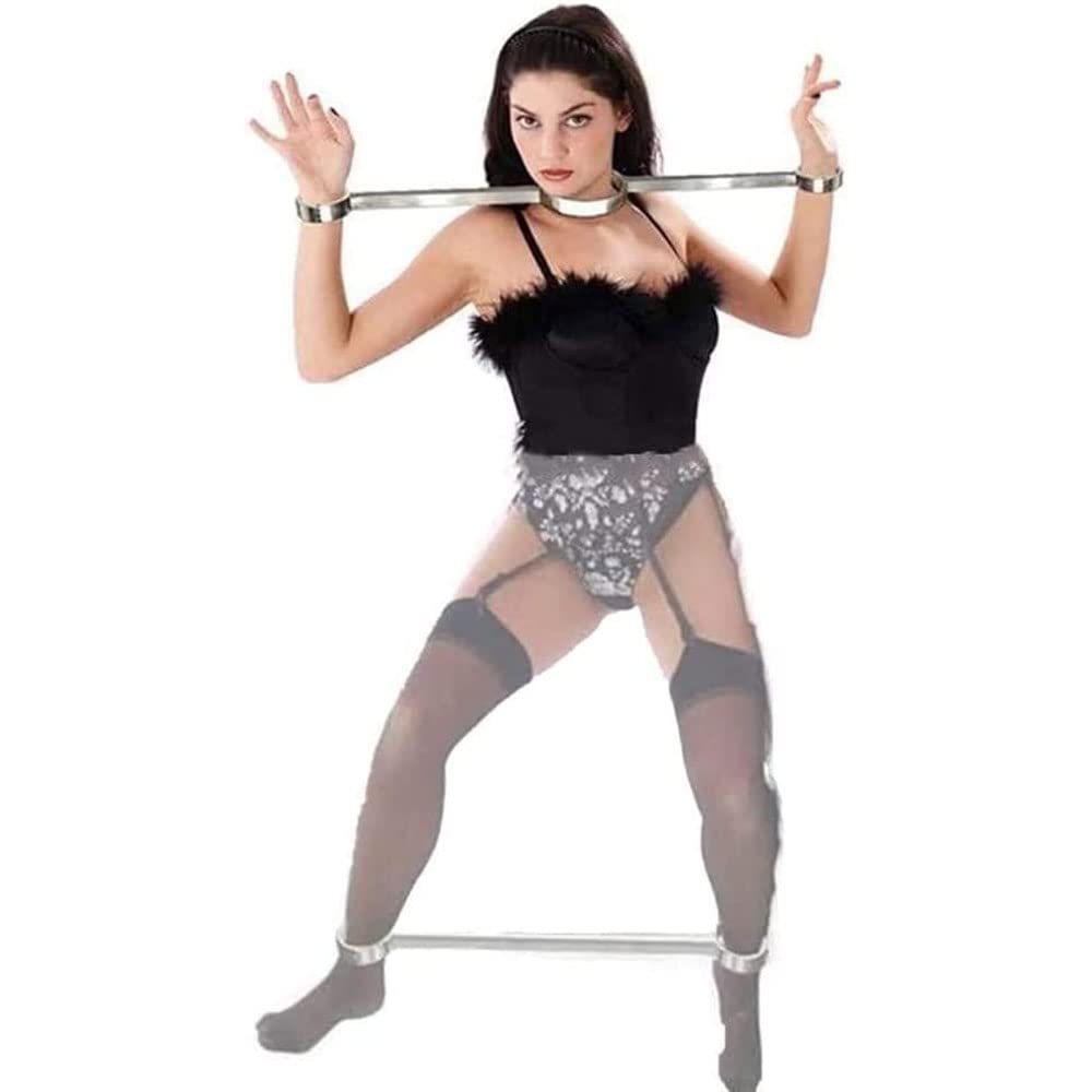 2Pcs Edelstahl Spreizstange Bondage Set mit Handschellen/Handfesseln+ Halsbänder+ Fußfesseln, Fuß/Hand Restraint, Fetish Folter BDSM Sklave Fesselset Erotik Sexspielzeug für Paare,Male-Silber