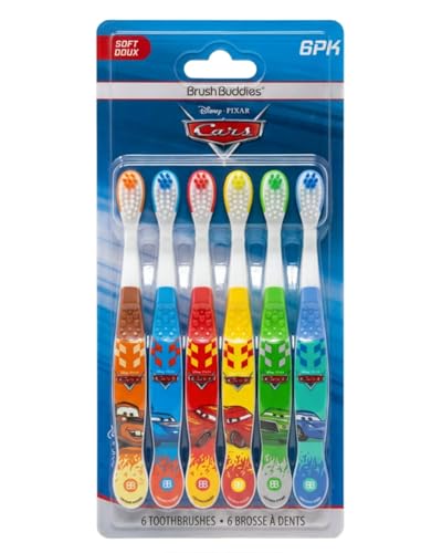 Brush Buddies Disney Pixar Cars Kids Toothbrushes 6 Pack Soft Bristles Ages 2+ Lightning McQueen Mater Jackson Storm Cruz Ramirez Kids Toothbrush Set Small Head Easy Grip Handle Manual Oral Care