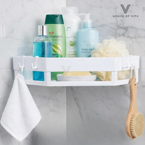 Image of HOUSE OF VIPA No Drill Bathroom Corner Shelf Organizer | Wall Mounted Plastic Corner Rack for Bathroom & Kitchen | 2-Tier Shelves with 4 Hooks | Rustproof, Heavy Duty Storage | (Set of 2) White