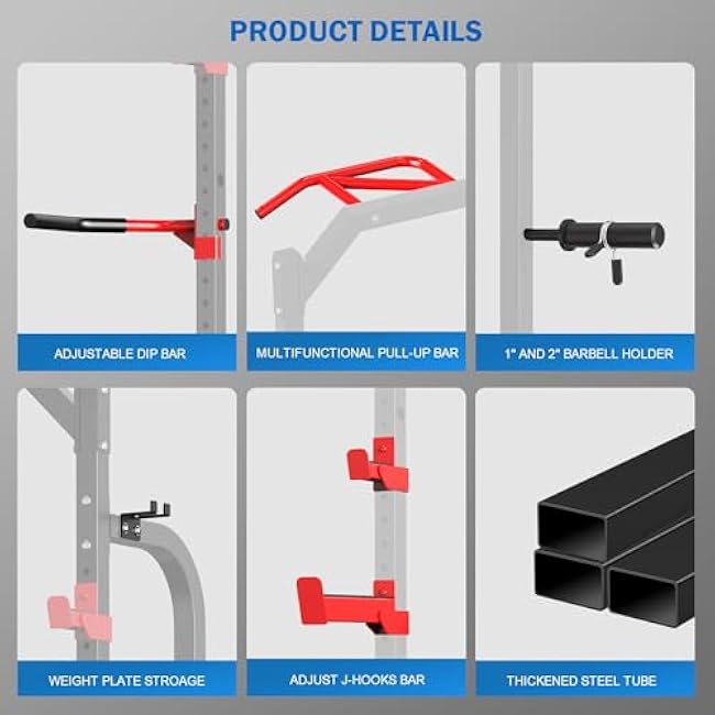 SunHome Power Cage Squat Rack, Multi-Functional Power Rack with Pull Up, J-Hooks, Dip Handles, Weight Plate Storage