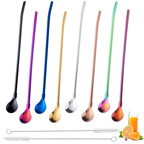 8 Stück Strohhalm mit Löffel Edelstahl 2 in 1 Strohhalme Trinkhalmlöffel Strohhalmlöffel Wiederverwendbare mit 2 Stück Reinigungsbürste für Als...