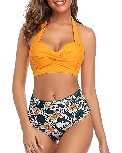 Tempt Me Women Vintage Swimsuits Yellow Retro Halter Ruched High Waist Bikini with Bottom M - Image 3