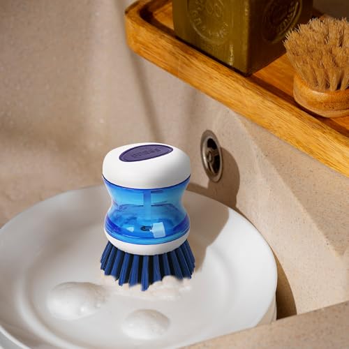 Image of Dish Scrubber with Soap Dispenser, 3 Pack Soap Dispensing Palm Brush for Kitchen Sink Pot Pan, Color Coded Dishwashing Scrub Brush Set (Gray, Blue, Orange), Non-Scratch Cleaning Tool