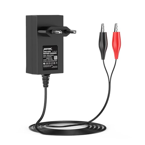 NASTIMA 6V 0,5A Cargador de batería de Plomo ácido Sellado (SLA) para batería Moultrie con Pinzas Rojas y Negras y luz indicadora LED
