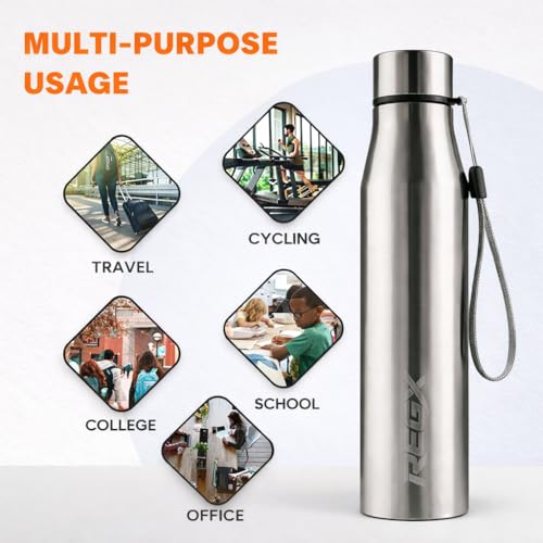 Image of REGX Stainless Steel Water Bottle 700 ml, Single Wall BPA Free Reusable Bottle for School Office Gym Travel, Leak Proof Metal Bottle with Lid, Silver, Food Grade Steel