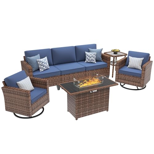 Image of UDPATIO Patio Furniture Set with Fire Pit Table, Rocking Swivel Chairs, 5 Pieces Outdoor Furniture Sets, All-Weather Wicker Outdoor Sectional Sofa with Waterproof Cover, 4'' Thickened Cushion, Navy