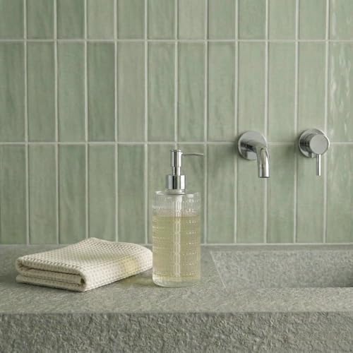 Image of Fluted Glass Hand Soap Dispenser with Slim Silver Pump for Bathroom, 17oz | Vintage Art Deco Reeded Glass, Refillable Clear Ribbed Bottle, Rust-Proof Pump, for Kitchen Countertop