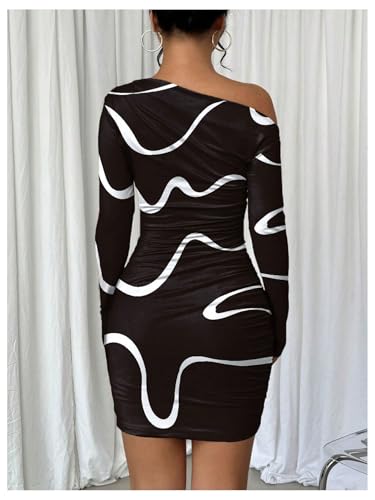 SOLY HUX Women's Off The Shoulder Bodycon Mini Dress Printed Asymmetrical Neck Long Sleeve Ruched Dresses2