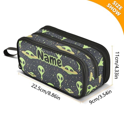 Image of Custom Green Aliens Space Pencil Case Box Boys Girls Personalized Name Large Pencil Pouch Stationery Pen Bag Organizer for Kids Adults School Office