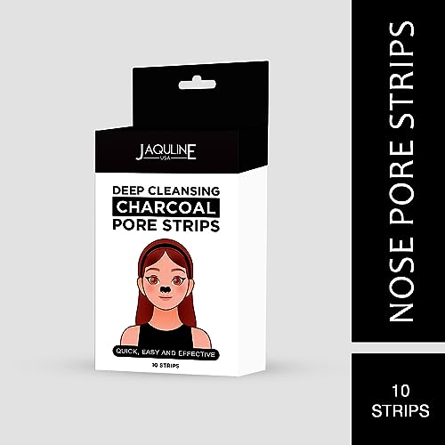 Image of JAQULINE USA Charcoal Nose Pore Strips | Deep Cleansing Nose Strips for Blackhead & Whitehead Removal | Infused with Bamboo Charcoal & Aloe Vera | Unclogs Pores & Removes Oil & Dead Skin - 10 Strips
