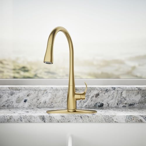 Image of Kohler 596-2MB Simplice Pull Down Kitchen Faucet, 3-Spray Faucet, Kitchen Sink Faucet with Pull Down Sprayer, Vibrant Brushed Moderne Brass