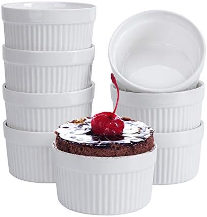 Ramekins 6 oz, Set of 8, Creme Brulee Ramekins, Souffle Dishes, Oven Safe Porcelain Ramiken Bowls For Custard, Lava Cakes, Pudding, Flan, Mini Desserts, Jam and Ice Cream, Ramekins For Baking