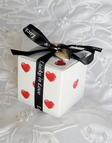 Lucky in Love Dice Favor Boxes with Imprinted Ribbon and Heart Charm (Set of 20)