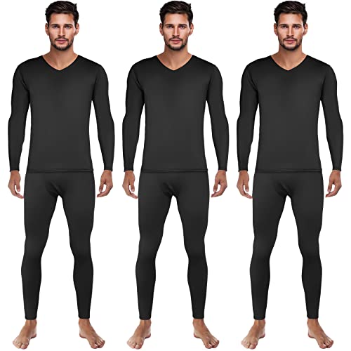 Patelai 3 Set Thermal Underwear for Men Long Underwear Fleece Lined V Neck Winter Warm Base Layers Thermal Top Bottom