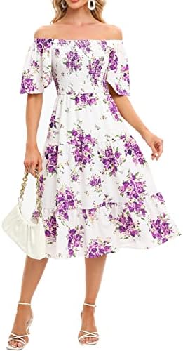 Bbonlinedress Womens Casual Floral Summer Smocked Beach Party Boho Midi Square Neck Dress