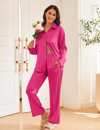 Ekouaer Womens Satin Silky Pajama Set 2 Piece Print PJs Soft Loungewear Button Down Sleepwear with Elastic Waist Long Pants