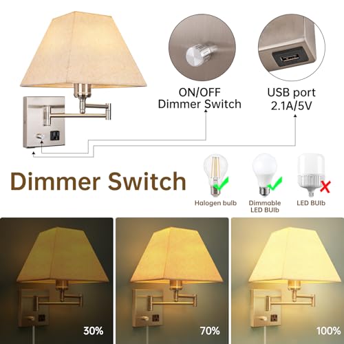 Plug in Wall Light,Swing Arm Wall Sconces, Modern Wall-Mounted Lamp with Dimmable Switch and USB Port for Bedroom, Living Room and Hotel,Satin Nickel Finish - Image 4