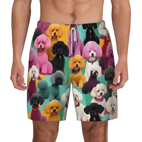 Poodles Dogs Print Mens Swim Shorts Trunks Inseam Compression Liner Quick Dry Zipper Pocket White