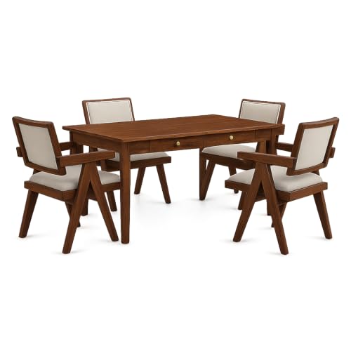 Image of Solid Sheesham Wood 4 Seater Dining Table Set with 2 Drawers & Cushioned Back Chairs | 45 x 32 x 30 Inch Wooden Dining Table for Dining Room, Kitchen & Home | Dark Honey Finish