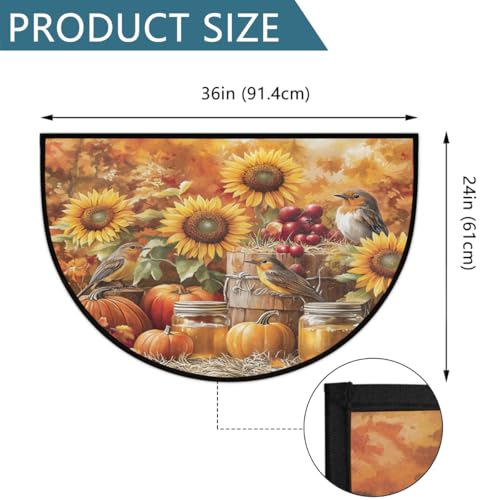 Image of cfpolar Half Round Door Mat Autumn Pumpkin Sunflower Bird Non-Slip Semi Circle Area Rug Washable Half Moon Hearth Rugs for Indoor Outdoor Bathroom Kitchen Patio Runner Mat Laundry Room Home Decoration
