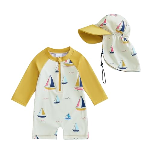 Toddler Little Boys Swimsuit One Piece Zipper Up Sailboat Print Long Sleeve Swimwear Rash Guard with Sun Hat (Yellow, 2-3 Years)