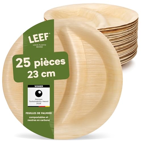 Leef® assiette jetable en palmier [25 pcs ⌀ 23cm] assiette barbecue comme décoration d'anniversaire [rond] assiettes plates alternative aux assiette...