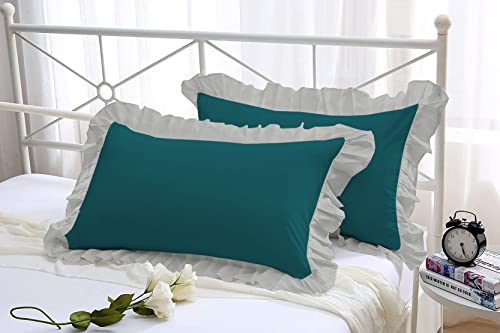 Image of YRM Bedding's Ruffle Beautiful Pillow Cover | Super Soft Elegant Premium Microfiber Frill Pillow Cover Set of 2 (17 inchx27 inch Inches) (Teal /Silver Grey)