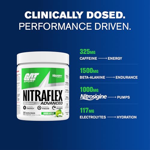 Image of GAT SPORT Nitraflex Advanced Pre-Workout Powder - Energy Drink Mix - Supports Healthy Blood Flow - Boosts Strength & Energy - Creatine-Free - 30 Servings - Green Apple