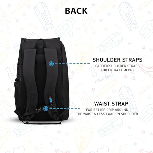 Image of WHACKK Blair 70L Cricket Bag Black|Full Size Kit Bag with Spacious Storage|Bat Pocket, Shoe & Helmet Compartment|Bottle Holder|Utility Pockets|Padded Back & Hip Belt