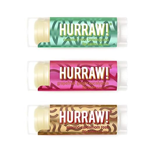 Hurraw! Pitta (Coconut, Mint, Lemon Grass), Kapha (Grapefruit, Ginger, Eucalyptus), Vata (Almond, Cardamon Rose) Lip Balms, 3 Pack Bundle: Organic, Certified Vegan, Cruelty, Gluten Free, 100% Natural