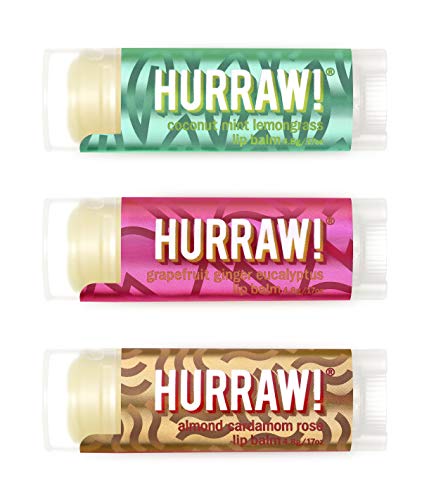 Hurraw! Pitta (Coconut, Mint, Lemon Grass), Kapha (Grapefruit, Ginger, Eucalyptus), Vata (Almond, Cardamon Rose) Lip Balms, 3 Pack Bundle: Organic, Certified Vegan, Cruelty, Gluten Free, 100% Natural