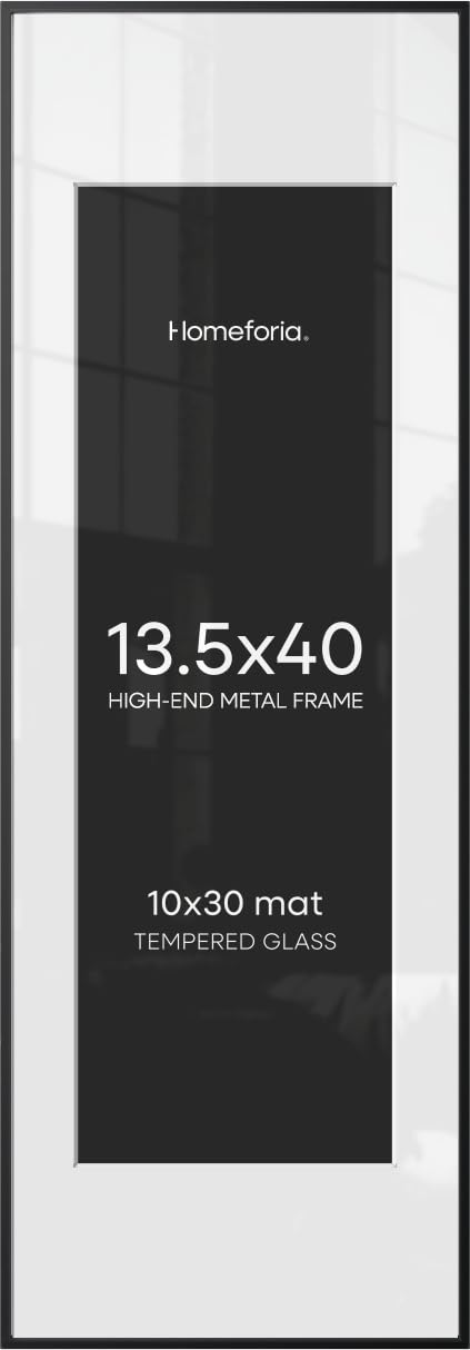 Homeforia 13.5x40 Black Picture Frame, High-End Metal, 10x30 Mat, Glass