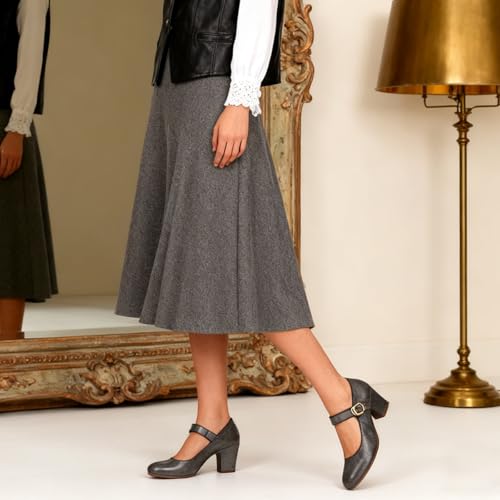Image of SHODENSE Women Vintage Chunky High Heel Mary Jane Shoes Round Closed Toe Ankle Strap Dress Sandals 3 inch Block Heels Mary Jane Lolita Pumps Two-Toned Patchwork Buckle Office Lady Wedding Retro 4-11 M US