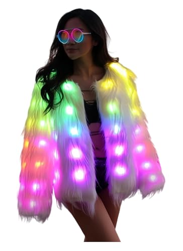 SHINYOU Women Faux Fur Jacket LED Light Up Jacket Halloween Chirstmas Music Festival Gift Winter night out coat Plus Size(White Plus Size, L)