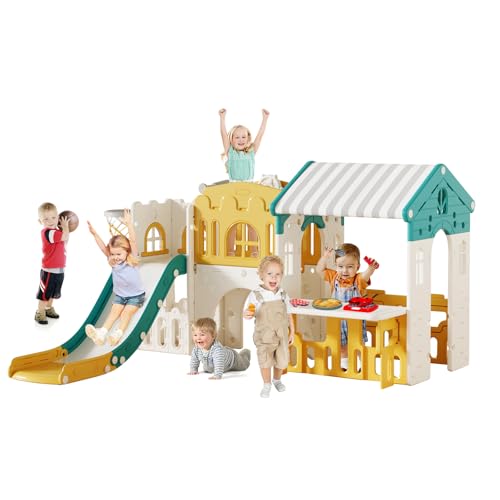 Playground Playsets Outdoor Playhouse 10 in 1 Toddler Slide with Rock Climber with Basketball, Hoop, Storage, playroom Upgraded
