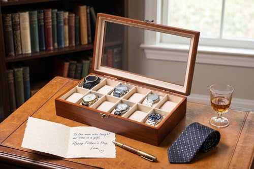 Image of Watch Box, Watch Case for Men Women with Large Glass Lid, Wooden Watch Display Storage Box with 12 - Slots, Classic Walnut Mens Watch Box Organizer