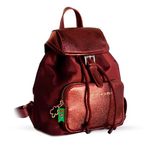 Agatha Ruiz de la Prada – Kastanienbrauner Nylon-Rucksack mit Deckel und Vordertasche, metallisches Kunstleder