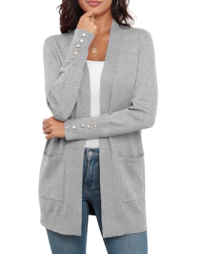 VIISHOW Women Cardigan Sweater Lightweight Open Front Long Sleeve Soft Fine Knit Casual Trendy Kimono Cardigans with Pockets,Grey,Large