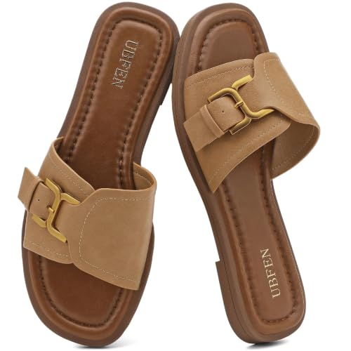 Image of UBFEN Womens Square Toe Flat Sandals Slides Dressy Comfortable for Beach
