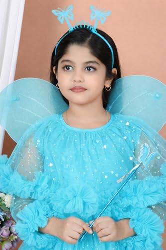Image of Girls Glitter Tulle Tiered Gown with Butterfly Wings, Ruffle Detail, Fairy Costume Dress