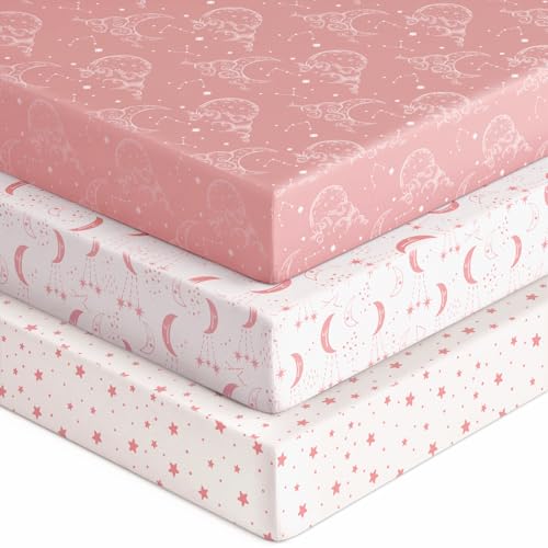 Image of Unnivoll Baby Crib Sheets for Boys Girls, Fitted Crib Sheet Neutral 3 Pack for Standard Crib and Toddler Mattress, Breathable Soft Microfiber Baby Sheet 28x52x8in Pink White Moon