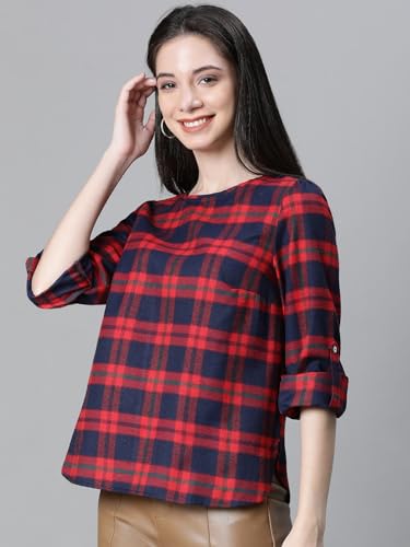 Image of oxolloxo Women Cotton Casual Tops | Regular Fit Checked Checked Round Neck |Regular Tops for Women |Navy Blue